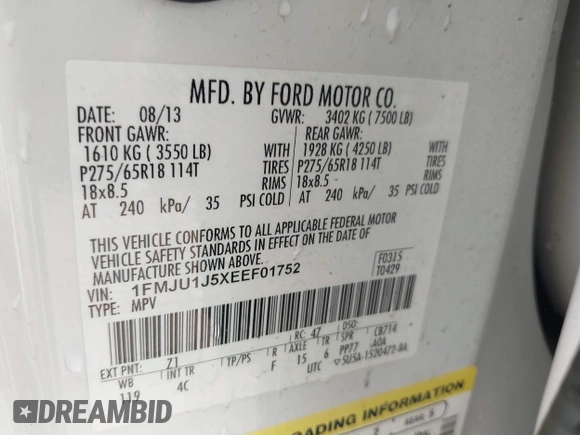 2014 Ford Expedition King Ranch with VIN 1FMJU1J5XEEF01752, listed as a IAAI auction lot 42402066 with 151,759 mi miles and . Bid and sale history available at DreamBid. Image 9.