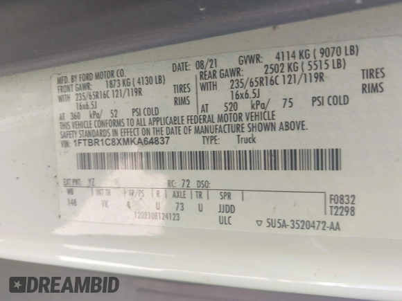 2021 Ford Transit Cargo with VIN 1FTBR1C8XMKA64837, listed as a IAAI auction lot 42008582 with 74,562 mi miles and . Bid and sale history available at DreamBid. Image 9.