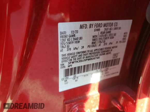 2023 Ford Mustang Mach-E Premium with VIN 3FMTK3SU5PMB06746, listed as a Copart auction lot 50544575 with 18,176 mi miles and Non Repairable. Bid and sale history available at DreamBid. Image 13.