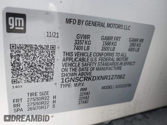 2022 Chevrolet Tahoe RST with VIN 1GNSCRKDXNR127062, listed as a IAAI auction lot 42377837 with 25,785 mi miles and . Bid and sale history available at DreamBid. Image 9.