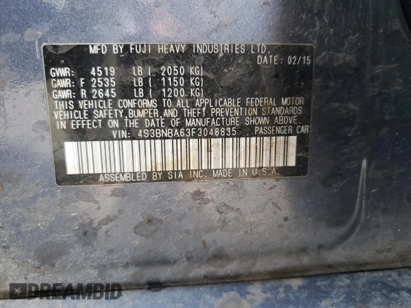 2015 Subaru Legacy 2.5i with VIN 4S3BNBA63F3048835, listed as a Copart auction lot 53756585 with 126,215 mi miles and Salvage title. Bid and sale history available at DreamBid. Image 14.