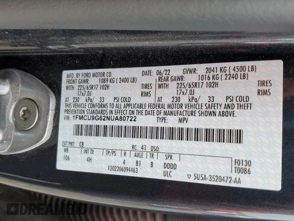 2022 Ford Escape SE with VIN 1FMCU9G62NUA80722, listed as a Copart auction lot 58784075 with 57,867 mi miles and Salvage title. Bid and sale history available at DreamBid. Image 13.