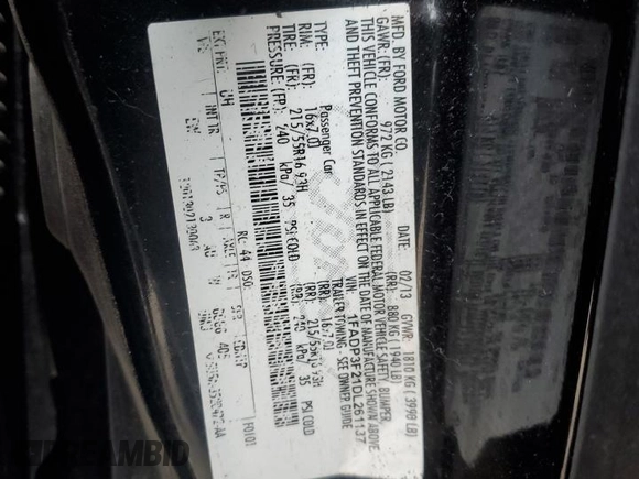 2013 Ford Focus SE with VIN 1FADP3F21DL261137, listed as a Copart auction lot 44037825 with 171,302 mi miles and Salvage title. Bid and sale history available at DreamBid. Image 12.