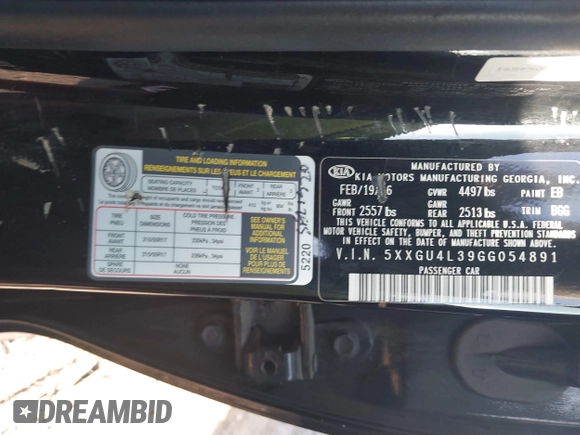2016 Kia Optima EX with VIN 5XXGU4L39GG054891, listed as a IAAI auction lot 40325310 with 112,457 mi miles and . Bid and sale history available at DreamBid. Image 9.