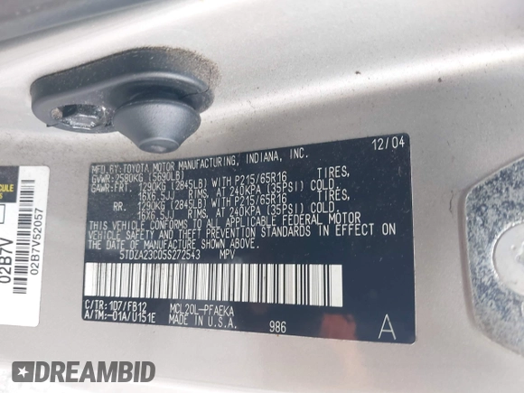 2005 Toyota Sienna CE with VIN 5TDZA23C05S272543, listed as a IAAI auction lot 42727321 with 201,156 mi miles and . Bid and sale history available at DreamBid. Image 9.