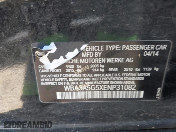 2014 BMW 3 Series 328i with VIN WBA3A5G5XENP31082, listed as a IAAI auction lot 41290680 with Not Provided miles. Bid and sale history available at carsss.com. Image 9.