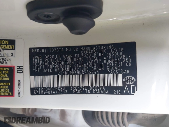 2019 Toyota Corolla L with VIN 2T1BURHE9KC218741, listed as a IAAI auction lot 41857958 with 163,406 mi miles and . Bid and sale history available at DreamBid. Image 9.