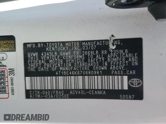 2007 Toyota Camry CE with VIN 4T1BE46K67U680981, listed as a Copart auction lot 54243415 with 169,714 mi miles and Clean Title. Bid and sale history available at carsss.com. Image 13.
