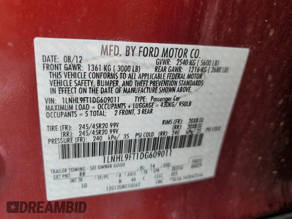 2013 Lincoln MKS EcoBoost with VIN 1LNHL9FT1DG609011, listed as a Copart auction lot 55793575 with Not provided miles and Salvage title. Bid and sale history available at DreamBid. Image 12.