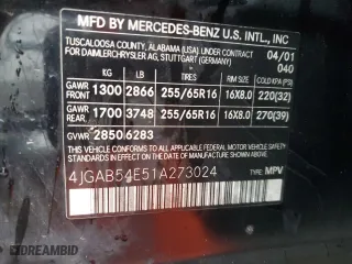 2001 Mercedes-Benz M-Class with VIN 4JGAB54E51A273024, listed as a Copart auction lot 80327264 with 211,120 mi miles and Salvage Title. Bid and sale history available at carsss.com. Image 13.