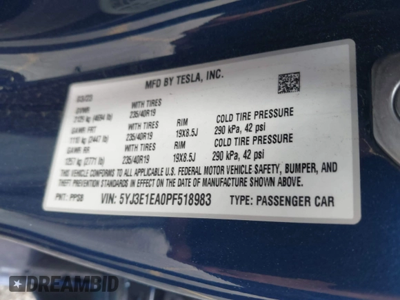 2023 Tesla Model 3 with VIN 5YJ3E1EA0PF518983, listed as a IAAI auction lot 41749225 with 26,748 mi miles and . Bid and sale history available at DreamBid. Image 9.