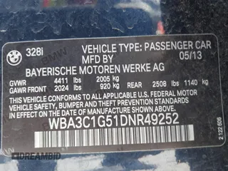 2013 BMW 3 Series 328i with VIN WBA3C1G51DNR49252, listed as a IAAI auction lot 42322739 with 119,421 mi miles and . Bid and sale history available at DreamBid. Image 9.