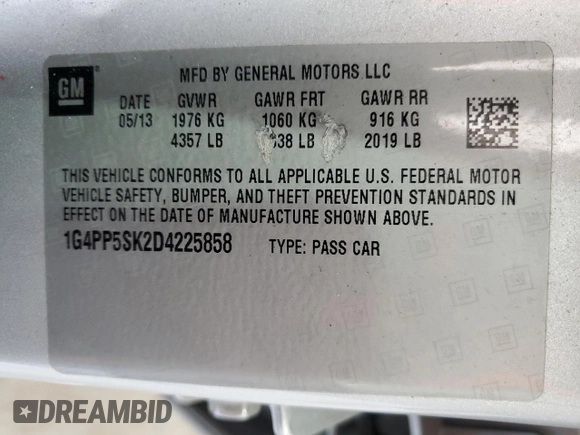 2013 Buick Verano with VIN 1G4PP5SK2D4225858, listed as a Copart auction lot 60426245 with 101,569 mi miles and Salvage title. Bid and sale history available at DreamBid. Image 12.
