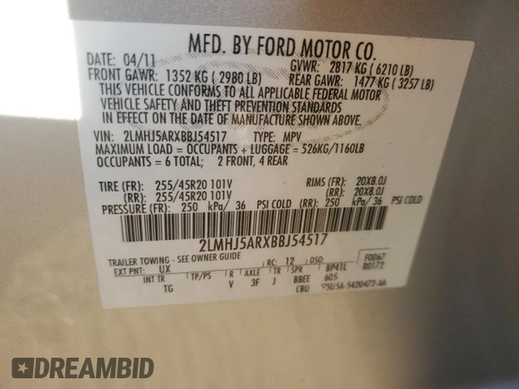 2011 Lincoln MKT with VIN 2LMHJ5ARXBBJ54517, listed as a Copart auction lot 42414295 with 100,078 mi miles and Clean Title. Bid and sale history available at DreamBid. Image 13.