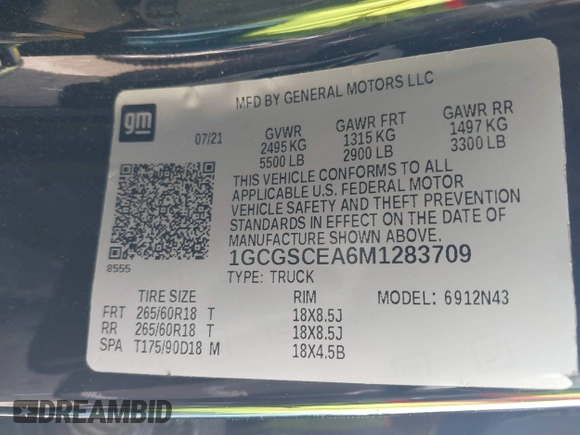 2021 Chevrolet Colorado 2WD LT with VIN 1GCGSCEA6M1283709, listed as a IAAI auction lot 41791122 with 58,893 mi miles and . Bid and sale history available at DreamBid. Image 9.