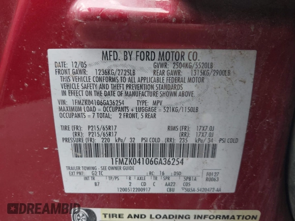 2006 Ford Freestyle SE with VIN 1FMZK04106GA36254, listed as a IAAI auction lot 42031030 with 112,029 mi miles. Bid and sale history available at carsss.com. Image 9.