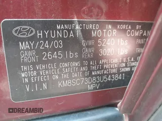 2003 Hyundai Santa Fe GLS z VIN KM8SC73D83U543841, wystawiony jako IAAI lot #42220132 z przebiegiem 215 325 mil mil oraz . Historia ofert i sprzedaży dostępna na DreamBid. Obrazek 9.