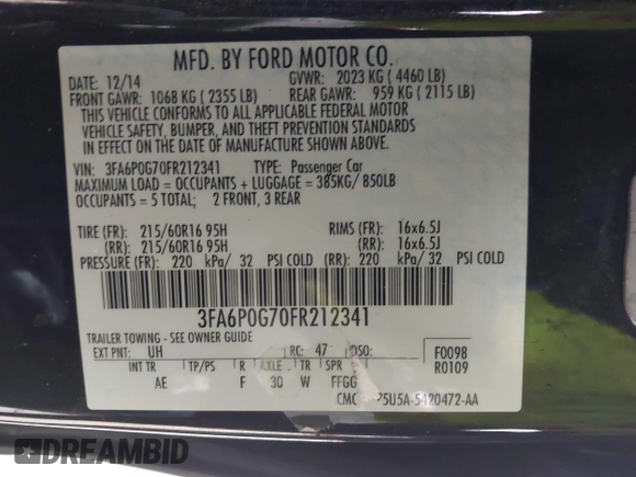 2015 Ford Fusion S with VIN 3FA6P0G70FR212341, listed as a IAAI auction lot 41831027 with 166,386 mi miles. Bid and sale history available at carsss.com. Image 9.