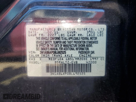 2011 Nissan Sentra 2.0 with VIN 3N1AB6AP0BL692525, listed as a Copart auction lot 55203285 with 134,619 mi miles and Salvage Title. Bid and sale history available at DreamBid. Image 12.