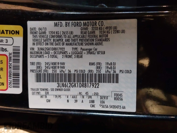 2013 Lincoln MKZ с VIN 3LN6L2GK1DR817922, выставлен на аукционе IAAI как лот 41315599 с пробегом 89 463 миль миль и . История ставок и продаж доступна на DreamBid. Изображение 9.