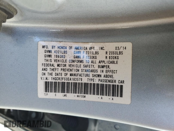 2014 Honda Accord Sedan Sport with VIN 1HGCR2F50EA183579, listed as a Copart auction lot 54834775 with 141,539 mi miles and Salvage Title. Bid and sale history available at carsss.com. Image 12.