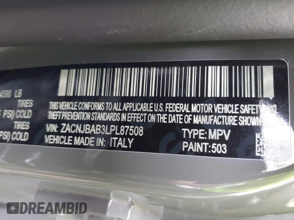 2020 Jeep Renegade Jeepster with VIN ZACNJBAB3LPL87508, listed as a IAAI auction lot 42381489 with Not provided miles and . Bid and sale history available at DreamBid. Image 9.