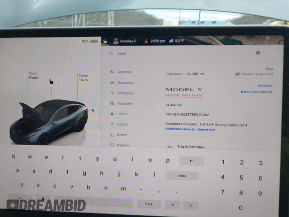 2024 Tesla Model Y Performance with VIN 7SAYGDEF7RF020203, listed as a IAAI auction lot 41639077 with 14,493 mi miles and . Bid and sale history available at DreamBid. Image 7.