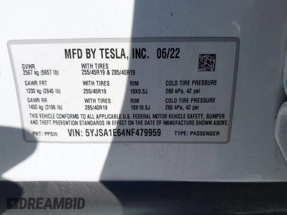 2022 Tesla Model S Plaid with VIN 5YJSA1E64NF479959, listed as a IAAI auction lot 41057673 with 27,203 mi miles and . Bid and sale history available at DreamBid. Image 8.