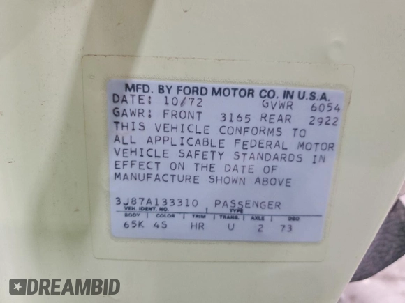 1973 Ford Thunderbird with VIN 3J87A133310, listed as a Copart auction lot 88178995 with 71,211 mi miles and Clean Title. Bid and sale history available at DreamBid. Image 12.