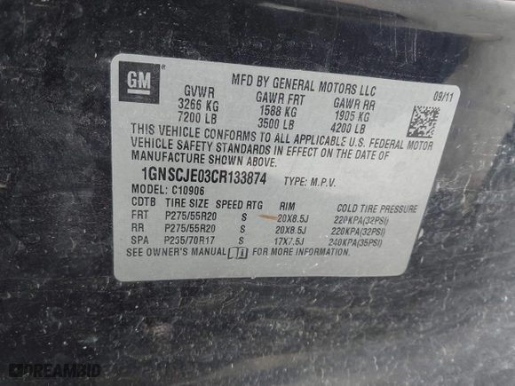 2012 Chevrolet Suburban LT with VIN 1GNSCJE03CR133874, listed as a IAAI auction lot 40995068 with 195,655 mi miles. Bid and sale history available at carsss.com. Image 9.