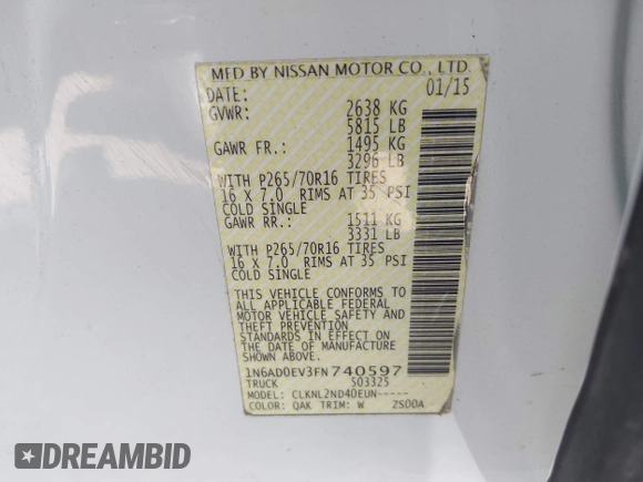 2015 Nissan Frontier S with VIN 1N6AD0EV3FN740597, listed as a IAAI auction lot 42257170 with 171,582 mi miles and . Bid and sale history available at DreamBid. Image 9.