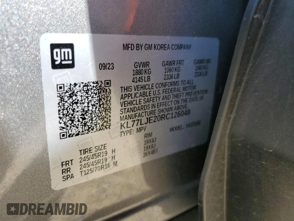 2024 Chevrolet Trax 2RS with VIN KL77LJE20RC126048, listed as a Copart auction lot 50442625 with 23,819 mi miles and Salvage Title. Bid and sale history available at DreamBid. Image 13.