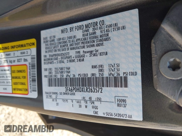 2020 Ford Fusion SE with VIN 3FA6P0HDXLR263572, listed as a IAAI auction lot 41989167 with 42,522 mi miles. Bid and sale history available at carsss.com. Image 9.