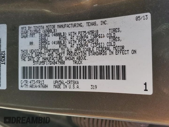 2013 Toyota Tundra 4WD Truck with VIN 5TFUM5F17DX047980, listed as a Copart auction lot 74251284 with 174,714 mi miles and Non Repairable. Bid and sale history available at carsss.com. Image 12.