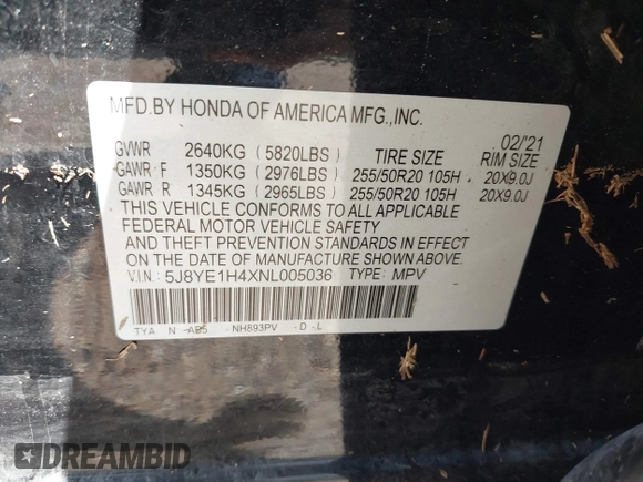 2022 Acura MDX Technology with VIN 5J8YE1H4XNL005036, listed as a IAAI auction lot 41920956 with 37,337 mi miles and . Bid and sale history available at DreamBid. Image 9.