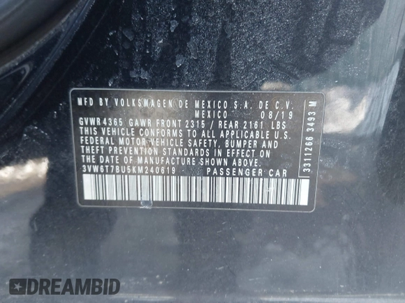 2019 Volkswagen Jetta GLI S z VIN 3VW6T7BU5KM240619, wystawiony jako IAAI lot #41606714 z przebiegiem 86 557 mil mil oraz . Historia ofert i sprzedaży dostępna na DreamBid. Obrazek 9.