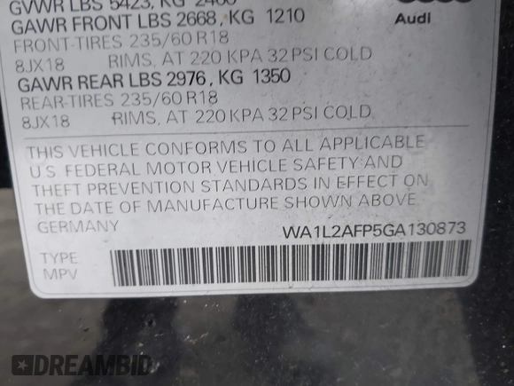 2016 Audi Q5 Premium Plus with VIN WA1L2AFP5GA130873, listed as a IAAI auction lot 41479011 with 84,828 mi miles. Bid and sale history available at carsss.com. Image 9.
