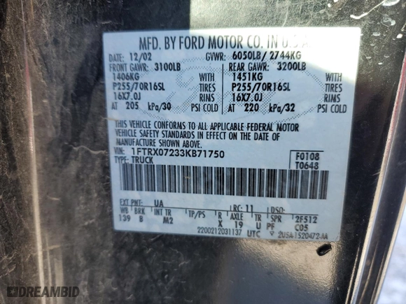 2003 Ford F-150 XL with VIN 1FTRX07233KB71750, listed as a Copart auction lot 42281955 with 184,221 mi miles and Clean Title. Bid and sale history available at carsss.com. Image 12.