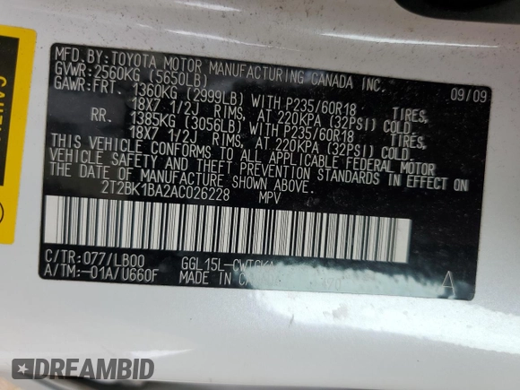 2010 Lexus RX 350 with VIN 2T2BK1BA2AC026228, listed as a Copart auction lot 61838915 with 125,830 mi miles and Salvage title. Bid and sale history available at DreamBid. Image 12.