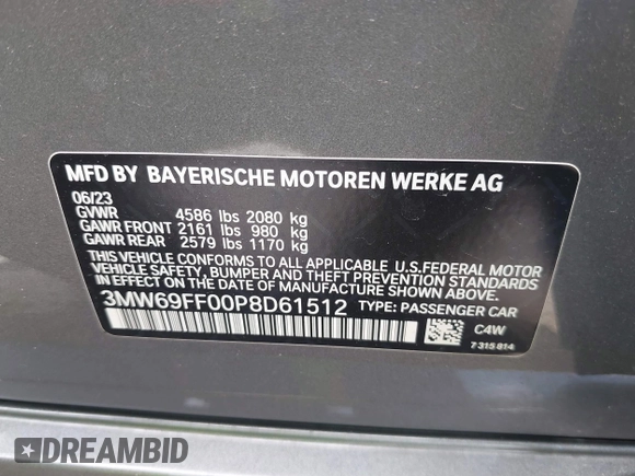 2023 BMW 3 Series 330i with VIN 3MW69FF00P8D61512, listed as a IAAI auction lot 41992509 with 15,809 mi miles and . Bid and sale history available at DreamBid. Image 9.