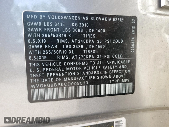 2012 Volkswagen Touareg с VIN WVGEG9BP6CD008533, выставлен на аукционе Copart как лот 60356345 с пробегом 103 270 миль миль и Чистый • Clean title. История ставок и продаж доступна на DreamBid. Изображение 13.