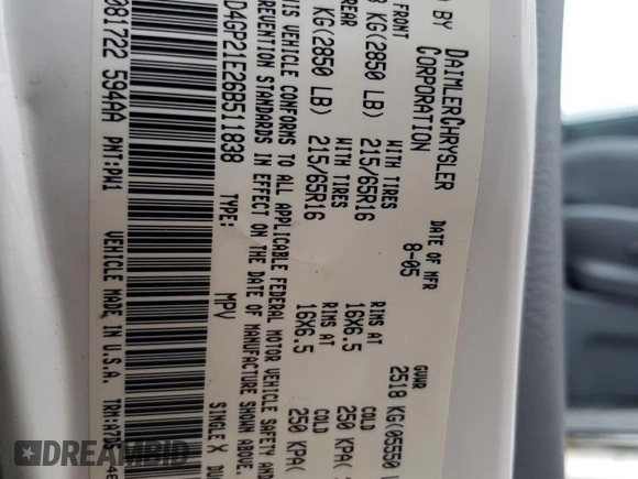 2006 Dodge Caravan Cargo z VIN 1D4GP21E26B511838, wystawiony jako Copart lot #72561364 z przebiegiem 56 444 mil mil oraz Tytuł czysty. Historia ofert i sprzedaży dostępna na DreamBid. Obrazek 13.