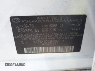 2011 Hyundai Sonata SE with VIN 5NPEC4AC0BH089653, listed as a IAAI auction lot 41820821 with 187,704 mi miles and . Bid and sale history available at carsss.com. Image 9.