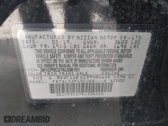 2019 Nissan Kicks S with VIN 3N1CP5CU7KL536151, listed as a IAAI auction lot 41212395 with 65,846 mi miles and . Bid and sale history available at carsss.com. Image 9.