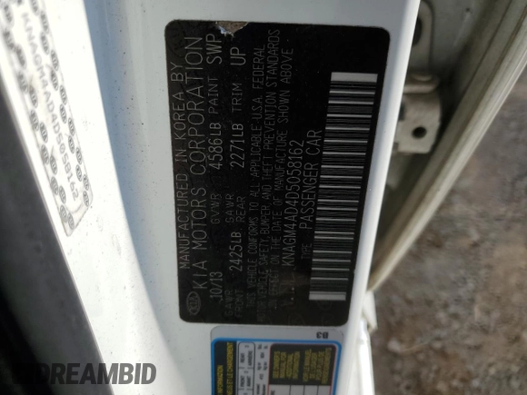 2013 Kia Optima Hybrid LX with VIN KNAGM4AD4D5058162, listed as a Copart auction lot 71489384 with 86,981 mi miles and Salvage Title. Bid and sale history available at carsss.com. Image 13.