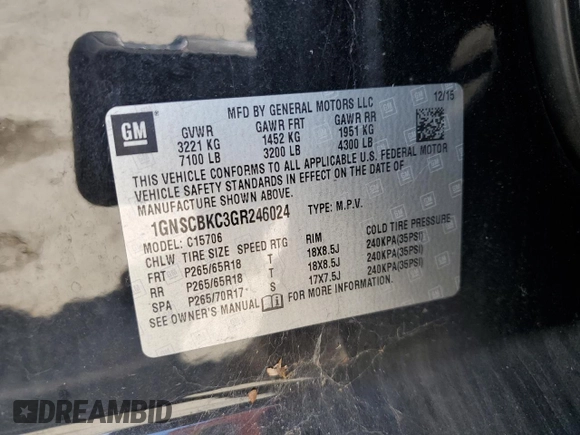2016 Chevrolet Tahoe LT with VIN 1GNSCBKC3GR246024, listed as a Copart auction lot 59009425 with 125,504 mi miles and Salvage title. Bid and sale history available at DreamBid. Image 13.