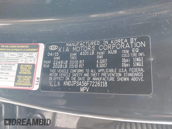 2015 Kia Soul + with VIN KNDJP3A56F7226118, listed as a IAAI auction lot 41888391 with 79,221 mi miles and . Bid and sale history available at DreamBid. Image 9.