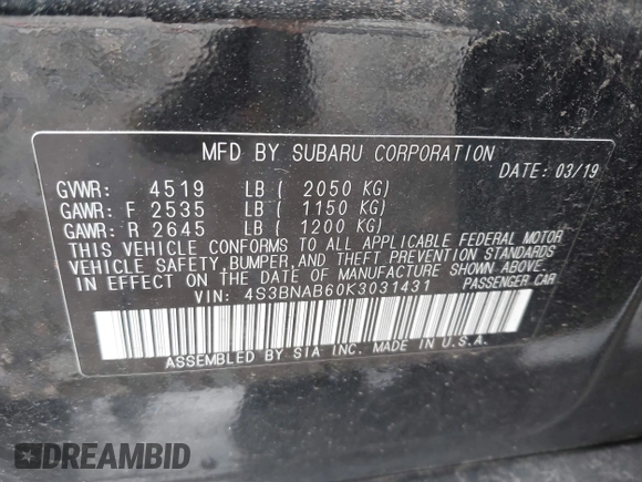 2019 Subaru Legacy z VIN 4S3BNAB60K3031431, wystawiony jako IAAI lot #42319164 z przebiegiem 45 786 mil mil oraz . Historia ofert i sprzedaży dostępna na DreamBid. Obrazek 9.