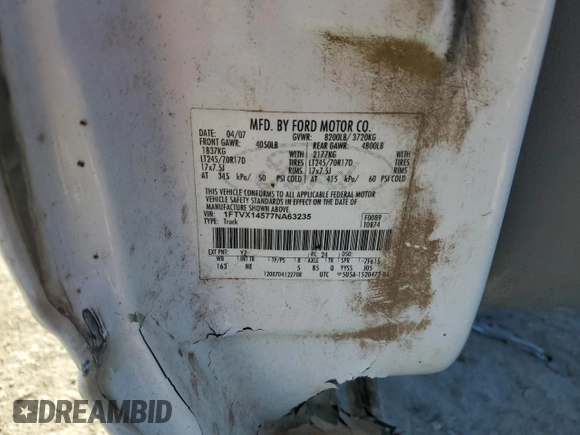 2007 Ford F-150 XL with VIN 1FTVX14577NA63235, listed as a Copart auction lot 47297735 with Not Provided miles and Salvage Title. Bid and sale history available at carsss.com. Image 13.