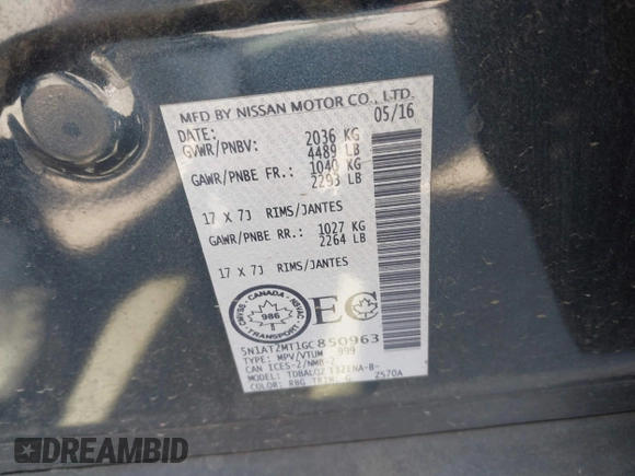 2016 Nissan Rogue SL with VIN 5N1AT2MT1GC850963, listed as a IAAI auction lot 41871209 with 110,006 mi miles. Bid and sale history available at carsss.com. Image 9.